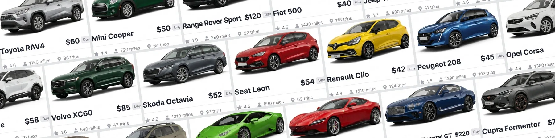 Row of car listing cards with real API vehicle images