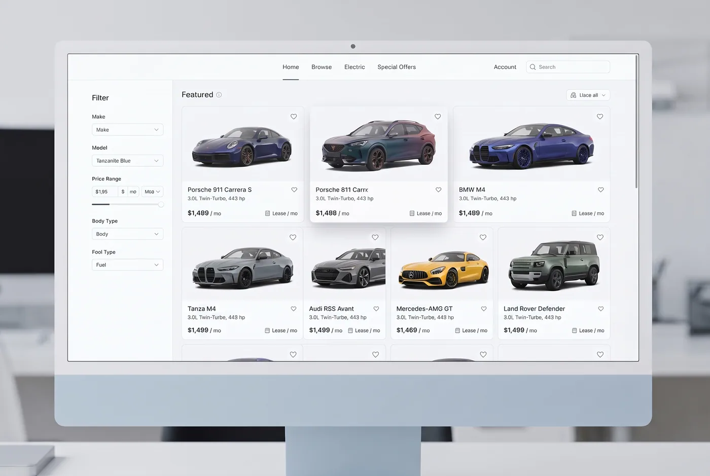 Vehicle configurator with any paint color, shown on an iMac